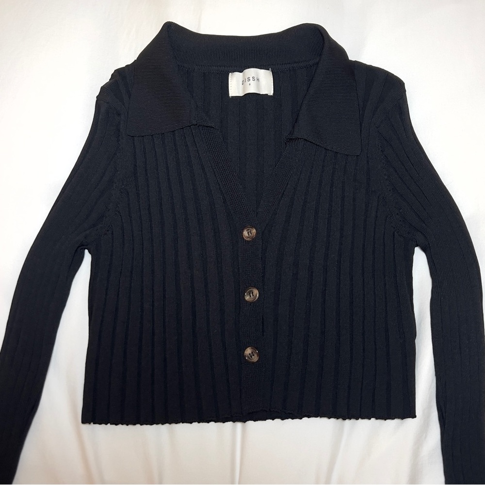 Dissh Max Black Button Up Knit Top Cropped Size S